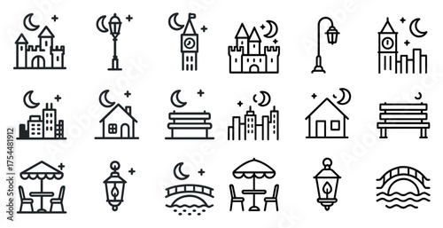 Evening and nighttime outline icons set – linear, silhouette, urban and nature symbols