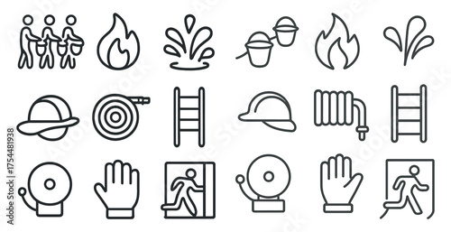 Fire safety outline icons set – linear, silhouette, emergency response symbols