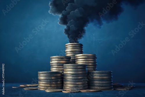 Stacks of coins form a pyramid-like structure, with black smoke rising from the central stack—symbolizing the environmental cost of financial gain.