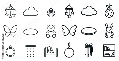 Nursery and baby room icons set – outline, linear, infant decor symbols