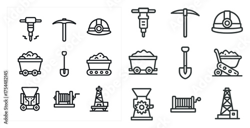 Mining and construction outline icons set – silhouette, linear, industrial symbols