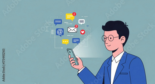 A man in a blue suit is looking at his phone, with social media icons floating around him, representing communication and connection in the digital age