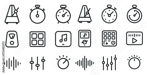 Music and metronome linear icons set – outline, rhythm, sound control symbols