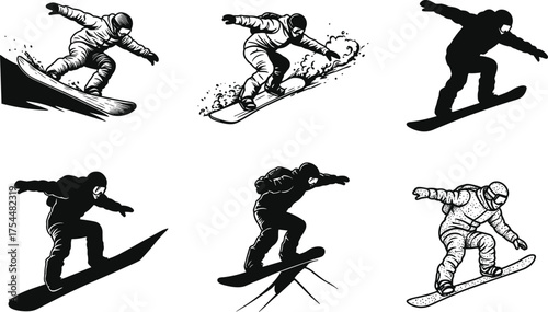 Snowboarder action set, dynamic sports poses, freestyle tricks, winter athlete silhouettes, black and white vector, extreme motion, snowboarding illustration, editable design, energetic style
