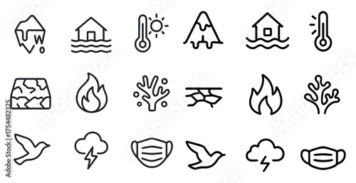 Environmental outline icons set – linear, nature, conservation symbols for eco projects