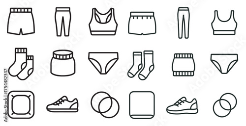 Athletic apparel line icons set – activewear, sports, gym clothing symbols
