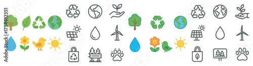 Environmental and ecology linear icons set – nature, green, sustainability symbols