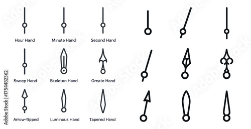 Watch hands line icons set – linear, outline, clock and timekeeping symbols