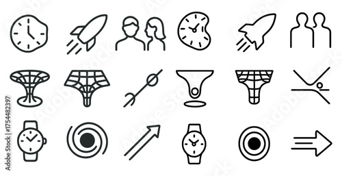 Time and people outline icons set – linear, clock, silhouette, user interface symbols