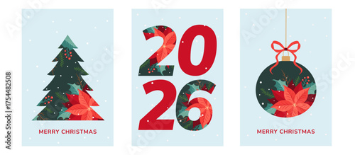 Merry Christmas and Happy New Year 2026 vintage card set in elegant vector style. Features Christmas tree, poinsettia, holly berries, bows, and ribbons. Ideal for festive posters, banners,invitations
