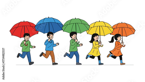 Colorful Run: A cheerful group of children joyfully sprint under the protective shelter of vibrant, multi-colored umbrellas, creating a scene filled with joy and playfulness.