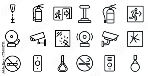 Fire safety line icons set – outline, emergency, prevention and security symbols