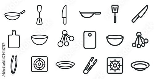 Kitchen essentials icons set – outline, flat, culinary tools and utensils