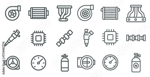 Car parts outline icons set – linear, silhouette, automotive and machine components
