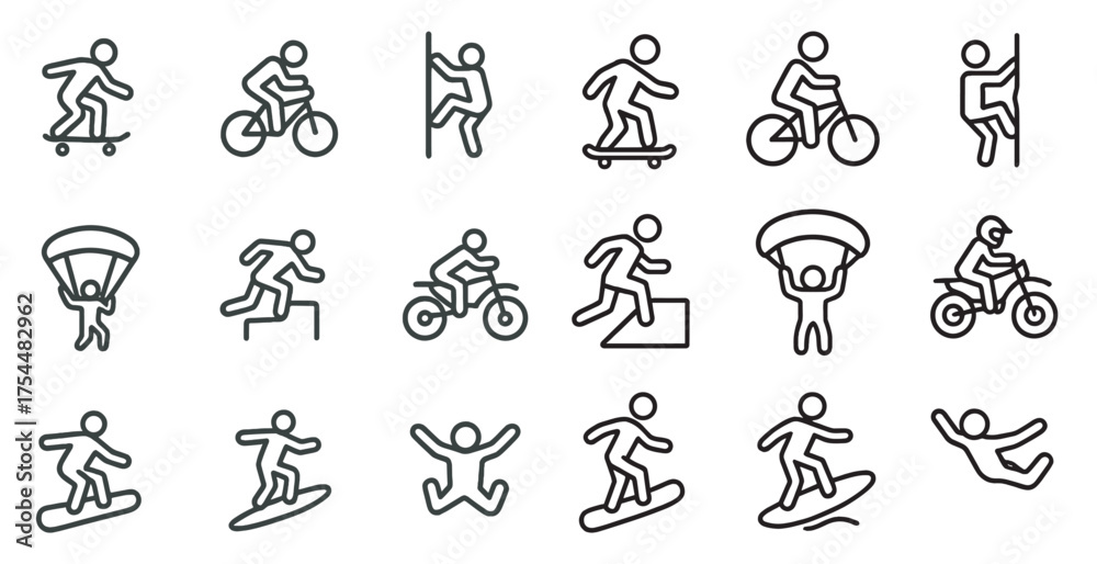 Fototapeta premium Sports and fitness outline icons set – silhouette, linear, activity symbols