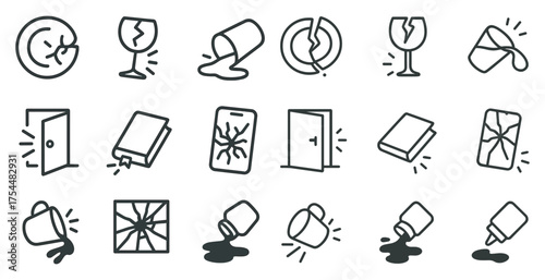 Household damage outline icons set – flat, filled, repair and maintenance symbols