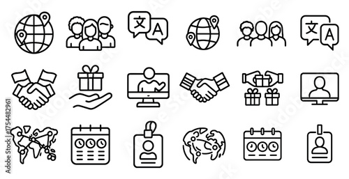 Global communication outline icons set – linear, language, translation and networking