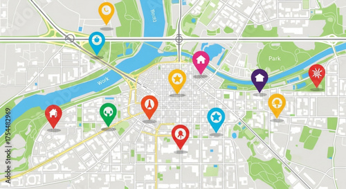 City map with location pins showing destinations, vector illustration of a city map with colorful location pins