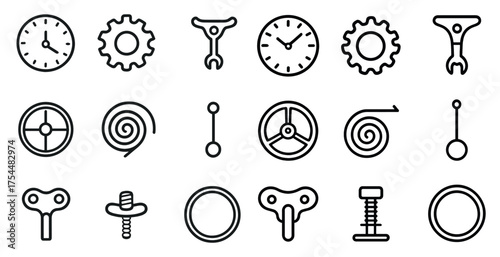 Clock and gear outline icons set – linear, time, mechanical symbols