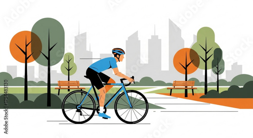 A cyclist rides along a path in a park with trees and benches, with a city skyline in the background, enjoying a healthy lifestyle and outdoor exercise