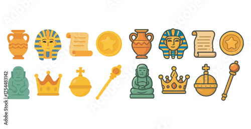 Historical symbols icons set in flat style – ancient, cultural, artifact graphics.