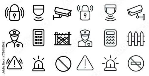 Security and monitoring outline icons set – linear, safety and surveillance symbols