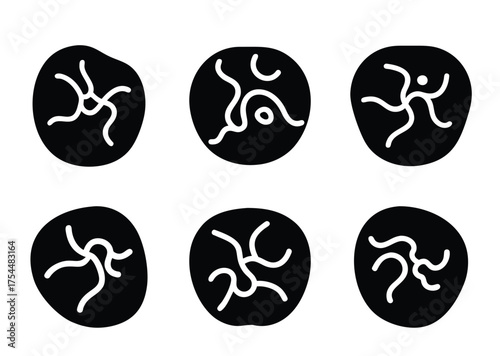 Six abstract glyphs on a black circular background displaying unique symbols
