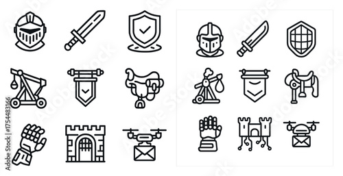 Medieval armor and weaponry outline icons set – line, silhouette, battle symbols