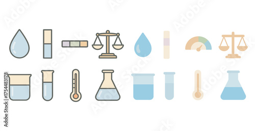 Chemistry science icons set – outline, linear, lab and experiment symbols.