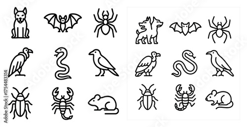 Animals and insects outline icons set – linear, line, wildlife and creature symbols