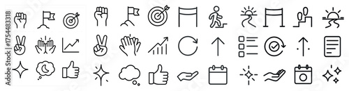 Motivation and achievement outline icons set – linear, goal, success symbols
