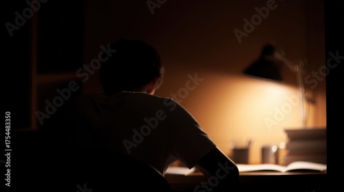 A college student studying late at night in their dorm room, illuminated by a desk lamp.