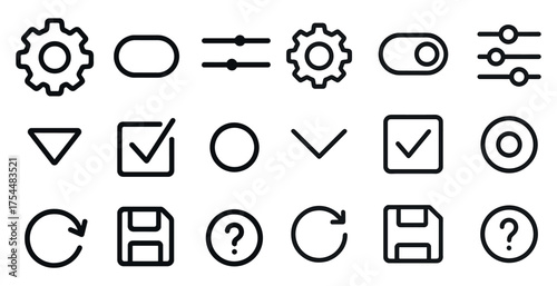 Settings and control linear icons set – outline, gear, adjustment tools