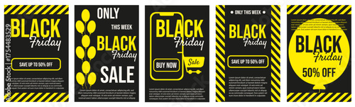 Black Friday poster set. Vector illustration of modern Black Friday Sale banner with attention yellow tape mobile phone frame grocery cart and Sale text. Black Friday business flyer collection. 