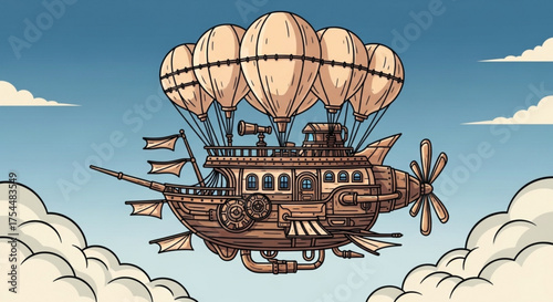Steampunk airship with balloons flying in the sky with clouds, a vintagestyle flying machine for adventure and exploration in a fantasy world