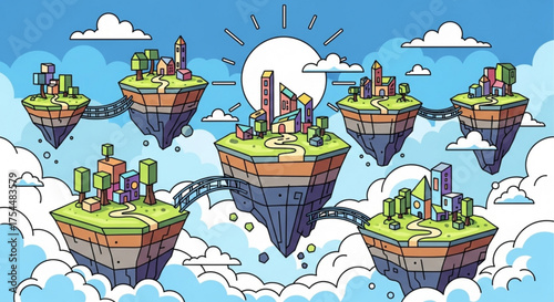 Floating islands with cities and towns connected by roads in the sky, a whimsical landscape of urban development in a fantasy world