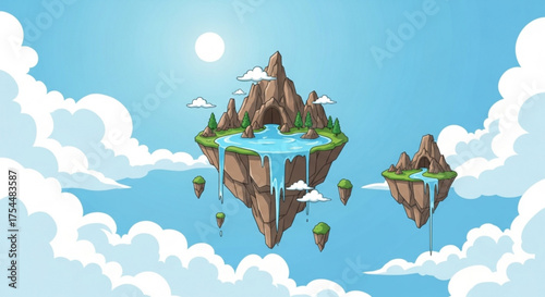 Floating islands with waterfalls and mountains in the sky, a serene landscape of natural beauty in a fantasy world