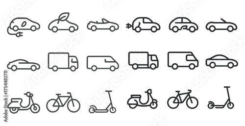 Electric vehicles line icons set – outline, eco transport, sustainable travel symbols