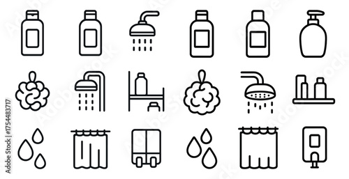 Bathroom essentials outline icons set – hygiene, grooming, line art symbols