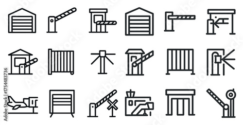 Security and access line icons set – linear, outline, gate and barrier symbols