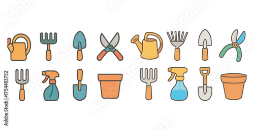 Gardening tools icons set – flat, filled, horticulture and agriculture symbols
