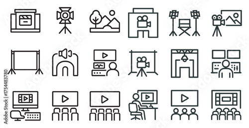 Film and photography linear icons set – line, outline, cinema and media symbols