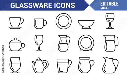 Editable line icons of glassware and dishware for food and beverage vector design projects
