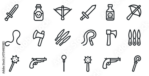 Weaponry and adventure icons set – outline, line, battle and fantasy symbols
