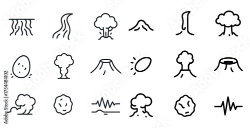 Natural disaster outline icons set - earthquakes, floods, emergency symbols