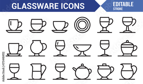 Minimal glassware vector set with mugs, cups, teapots, and wine glasses illustrations