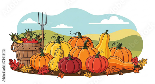 A bountiful harvest of pumpkins, squash, and cornucopia, symbolizing the autumn seasons abundance and the joy of thanksgiving