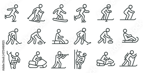 Winter sports outline icons set – skiing, snowboarding, cold weather activities.