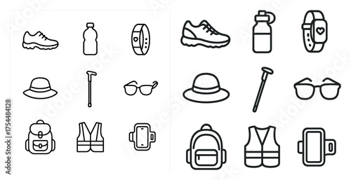 Outdoor adventure outline icons set – hiking, camping, exploration symbols