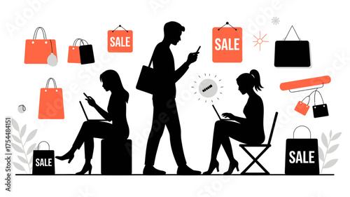 Online shopping sale event with customers using laptops and phones, browsing deals and promotions for retail therapy with modern vector design